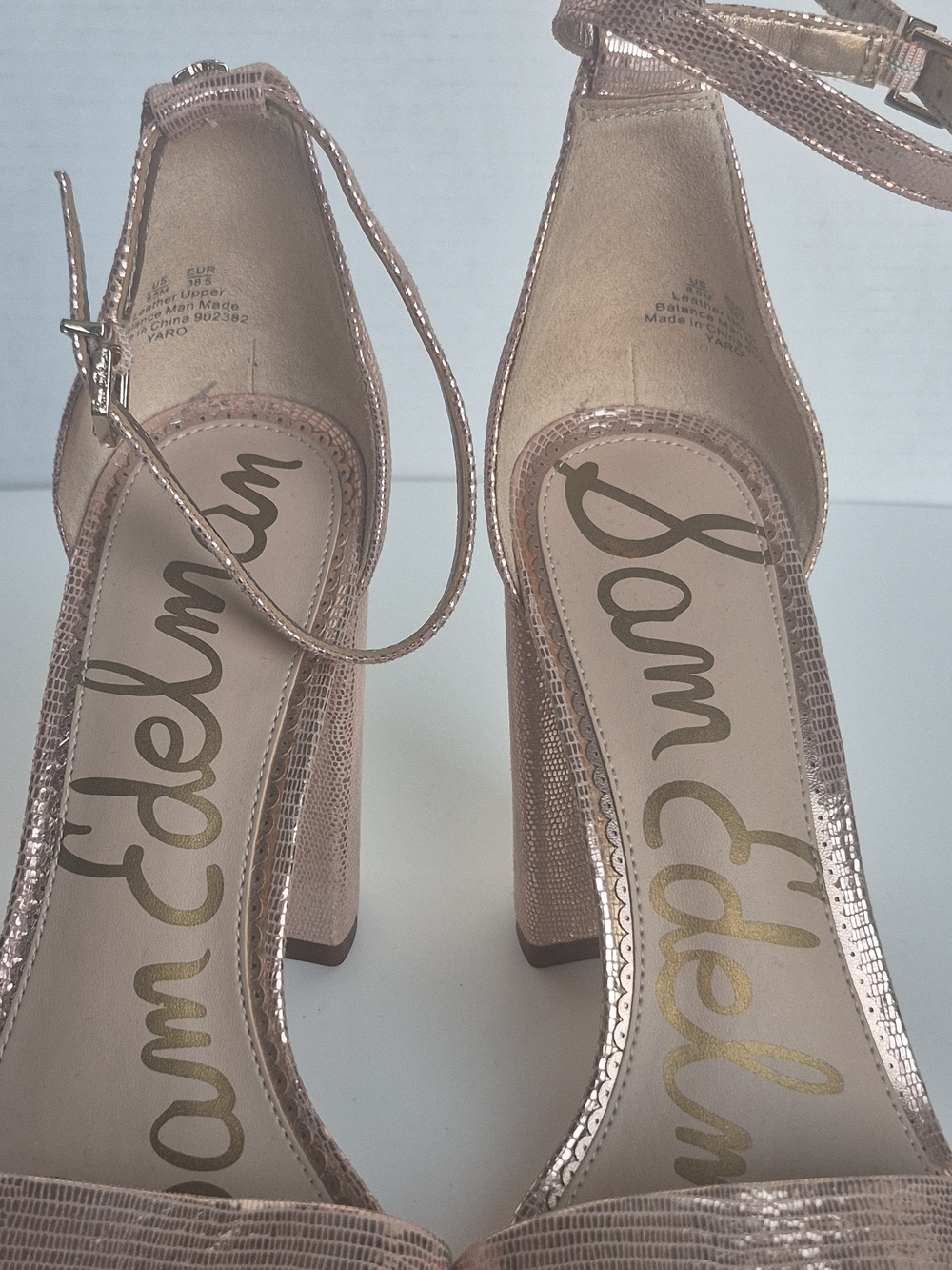 Sam Edelman Rose Gold Lizard-Texture Block Heel Ankle-Strap Sandals